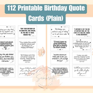 May include: A digital download of 112 printable birthday quote cards. Each card displays a unique quote in black text on a white background. The cards are arranged in a grid, with a red "Instant Download" banner in the upper left corner.
