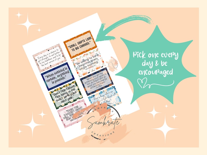Peut inclure: Un ensemble de cartes imprimables color&eacute;es avec des citations inspirantes. Les cartes pr&eacute;sentent des motifs floraux et abstraits. Le texte sur les cartes comprend des citations telles que "Les petits changements conduisent &agrave; de grands changements" et "Quand rien n'est certain, tout est possible."
