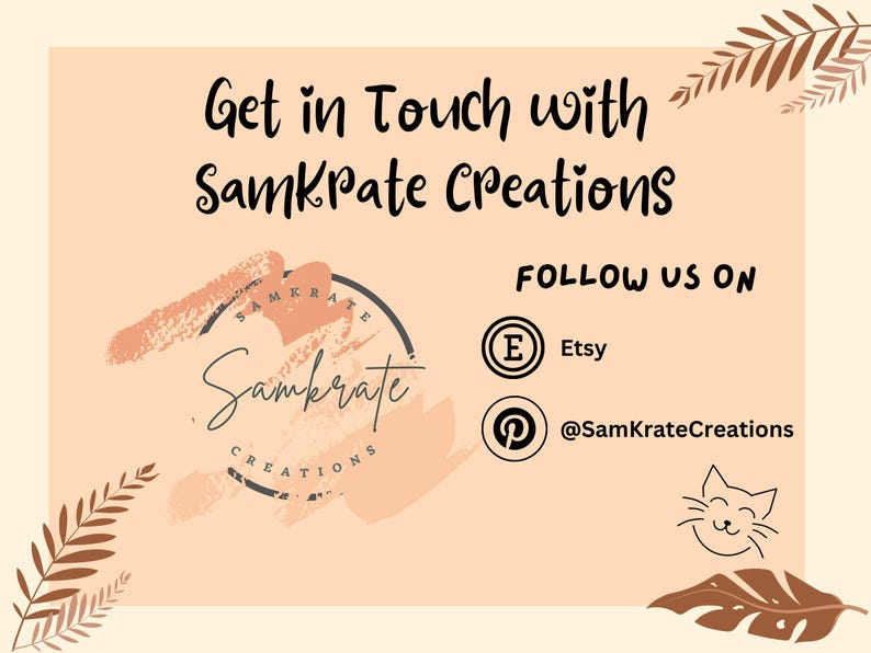Op de afbeelding: Een afbeelding met de tekst "Get in Touch with Samkrate Creations" en een logo met de tekst "Samkrate Creations". De afbeelding bevat ook sociale media-iconen voor Etsy en Pinterest met de tekst "FOLLOW US ON" en de gebruikersnamen "Etsy" en "@SamKrateCreations".