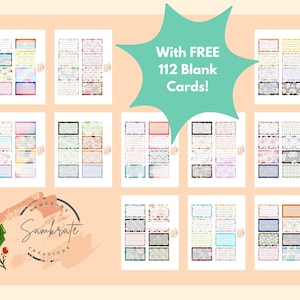 Peut inclure: T&eacute;l&eacute;chargement num&eacute;rique imprimable de 112 cartes vierges avec diff&eacute;rents motifs color&eacute;s. Les cartes sont parfaites pour le journal, le scrapbooking ou la cr&eacute;ation de vos propres cartes personnalis&eacute;es. Le texte "With FREE 112 Blank Cards!" est dans une bulle de dialogue verte.