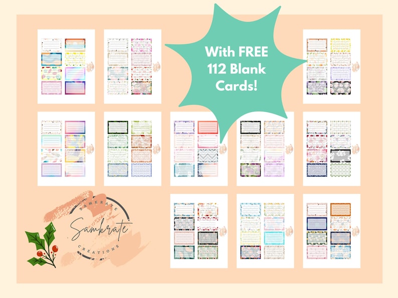 Peut inclure: T&eacute;l&eacute;chargement num&eacute;rique imprimable de 112 cartes vierges avec diff&eacute;rents motifs color&eacute;s. Les cartes sont parfaites pour le journal, le scrapbooking ou la cr&eacute;ation de vos propres cartes personnalis&eacute;es. Le texte "With FREE 112 Blank Cards!" est dans une bulle de dialogue verte.