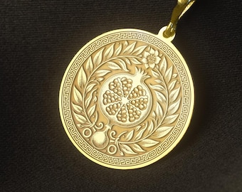 Pomegranate Necklace Sterling Silver 925 Geometric Greek Medallion Persephone Jewelry  Pendant