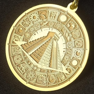 14K Solid Gold Kukulkan Pyramid Necklace: Mayan Aztec Medallion