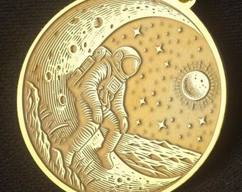 May include: Gold pendant necklace featuring an astronaut walking on the moon. The pendant is round and has a detailed design of the astronaut, the moon, and stars.