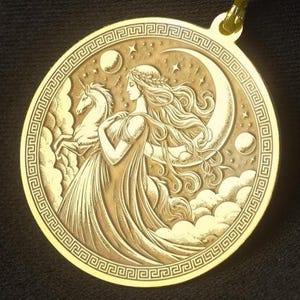 14k Gold Selene Moon Goddess Necklace: Engraved Mythological Pendant