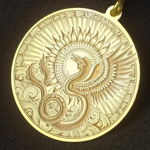 14K Gold Quetzalcoatl Medallion Necklace: Aztec Sun Serpent
