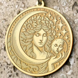 Moon Goddess Medallion Necklace, Celestial Jewelry, Boho Mythology Pendant, Unique Design