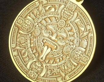 Azteken Sonnengott Medaillon Halskette: Tonatiuh Anhänger, Sterling Silber oder Gold
