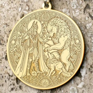 14k Gold Tyr and Fenrir Necklace: Norse Mythology Pendant