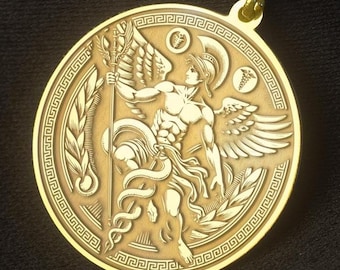 Hermes Medallion Necklace, Winged God Pendant, Caduceus, Gold or Sterling Silver