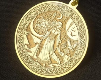 Morrigan Necklace: Celtic Goddess Medallion with Ravens - Sterling Silver or Gold