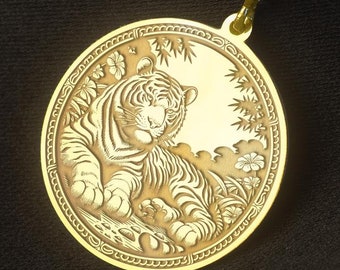 14K Gold Tiger Pendant Necklace: Engraved Animal Charm