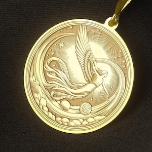May include: Gold-colored pendant necklace featuring a detailed relief design. The pendant depicts a winged figure with flowing lines, set against a backdrop of stars and a sunburst. The chain is also gold, creating a cohesive and elegant look.