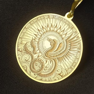 14K Gold Quetzalcoatl Medallion Necklace: Aztec Sun Serpent