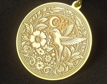 Collar con medallón de colibrí: colgante floral celestial de plata de ley