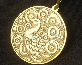 Peacock Medallion Necklace: Engraved Bird Charm