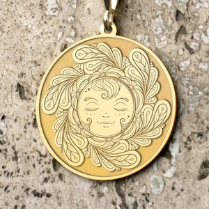 14k Solid Gold Sun Charm Necklace: Engraved Silver Pendant