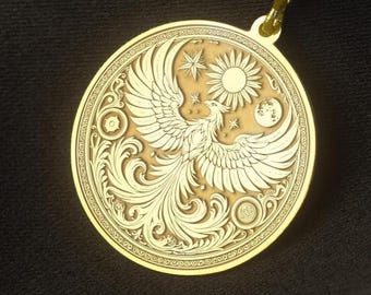 Phoenix Medallion – Sun, Moon, and Stars Mythology Necklace