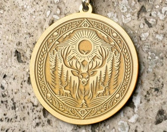 14k Solid Gold Deer Necklace: Engraved Nature Pendant