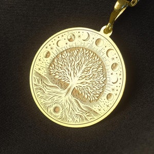 14K Solid Gold Tree of Life Necklace – Moon Phases Medallion Pendant, Celestial Nature Jewelry