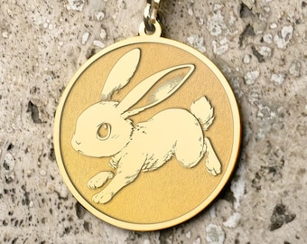 May include: A gold pendant necklace featuring a round charm with a detailed image of a rabbit running. The charm is suspended from a delicate gold chain.