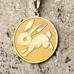 14k Solid Gold Rabbit Pendant Necklace: Engraved Bunny Charm