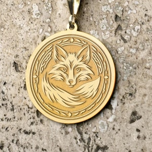 14k Solid Gold Fox Pendant Necklace: Engraved Animal Jewelry