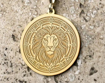 14K Solid Gold Lion Pendant Necklace: Engraved Leo Zodiac Charm