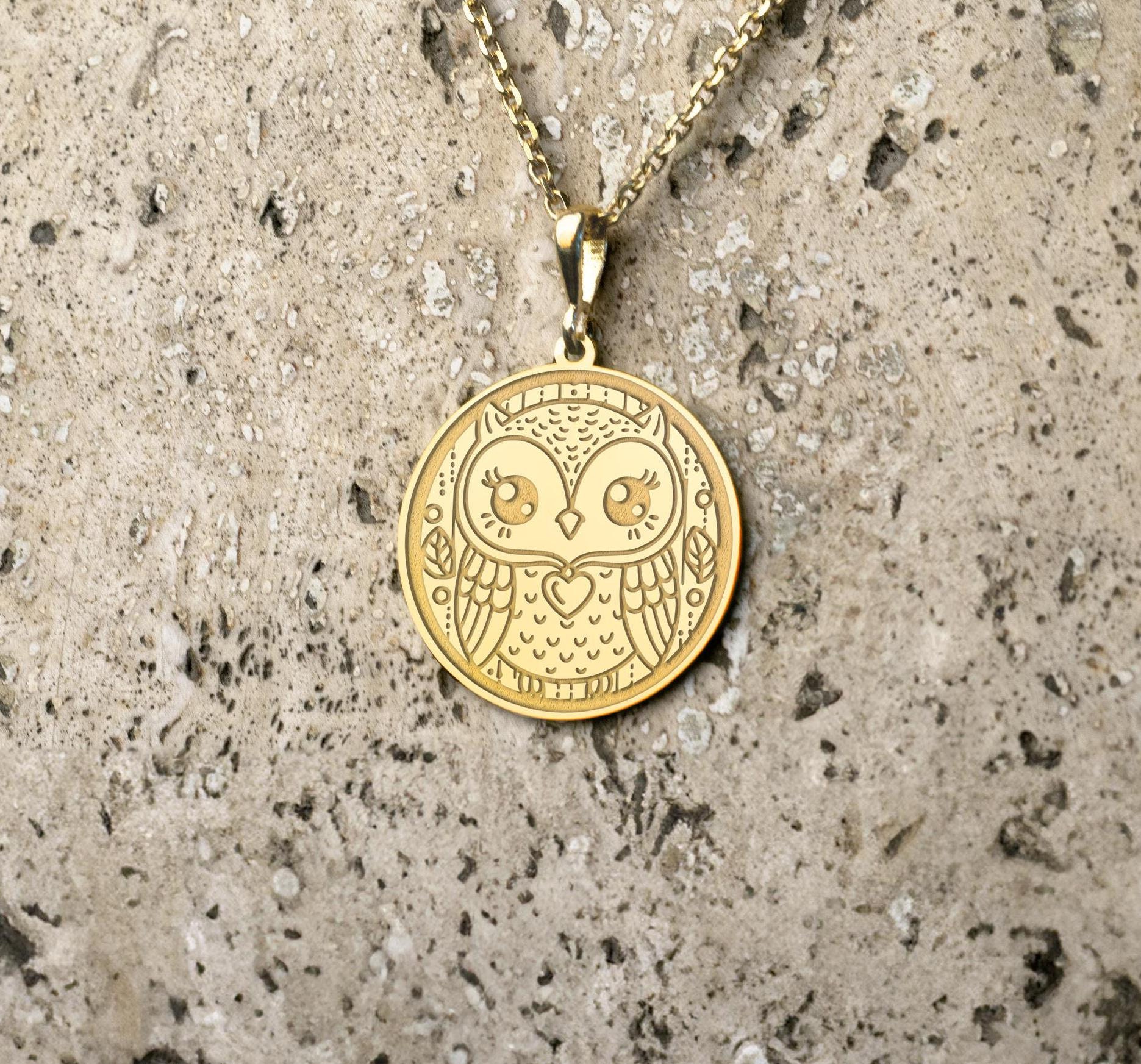 14k Solid Gold Owl Necklace: Engraved Bird Pendant