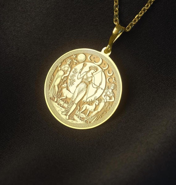 14k Solid Gold Artemis Necklace: Greek Goddess Pendant