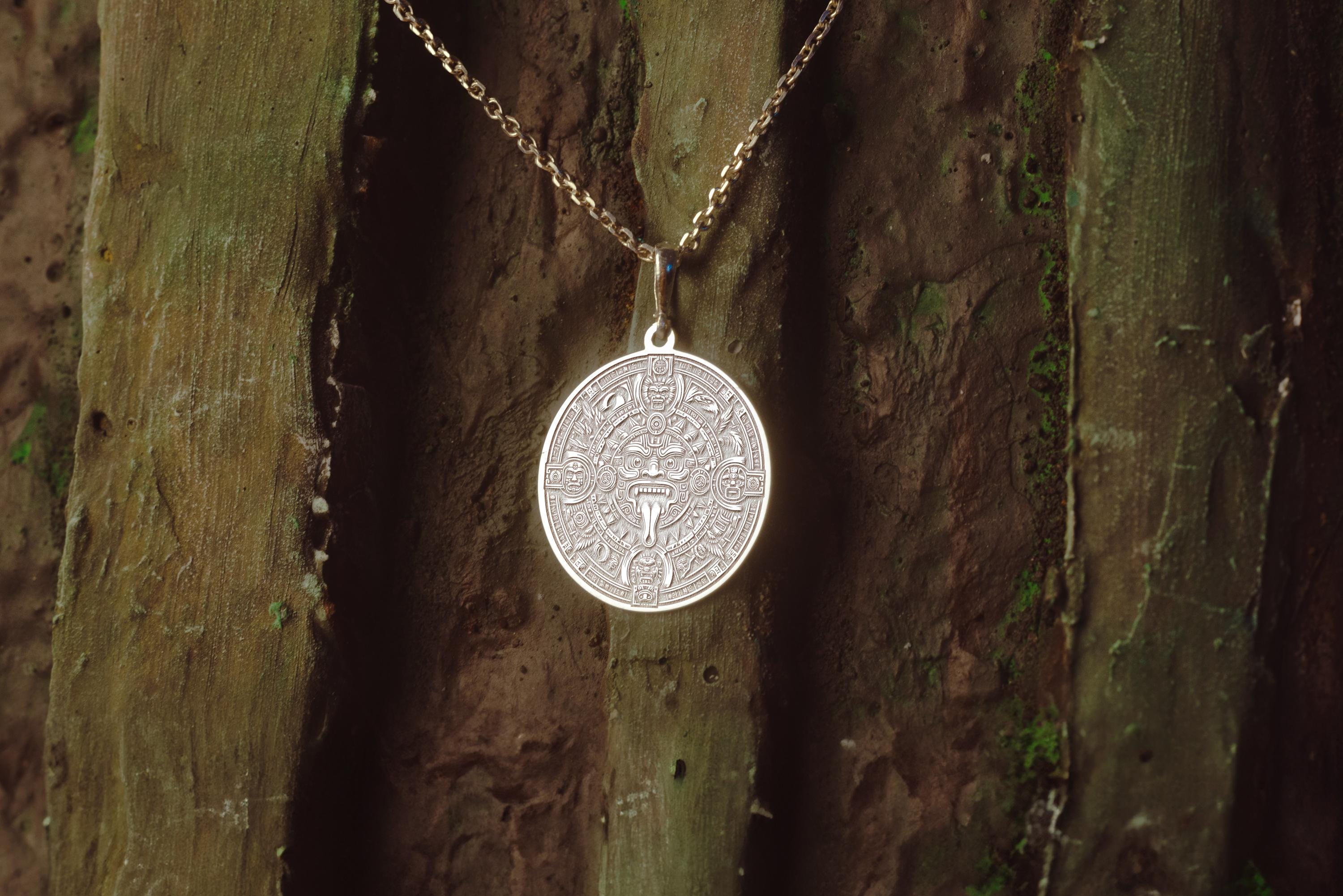 Aztec Sun God Medallion Necklace: Tonatiuh Pendant, Sterling Silver or ...