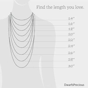 May include: A guide to necklace lengths, showing different lengths from 14 inches to 30 inches. The image shows a model wearing a necklace of each length.