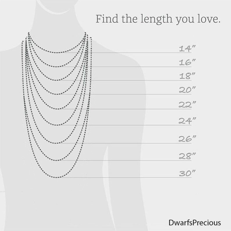 May include: A guide to necklace lengths, showing different lengths from 14 inches to 30 inches. The image shows a model wearing a necklace of each length.