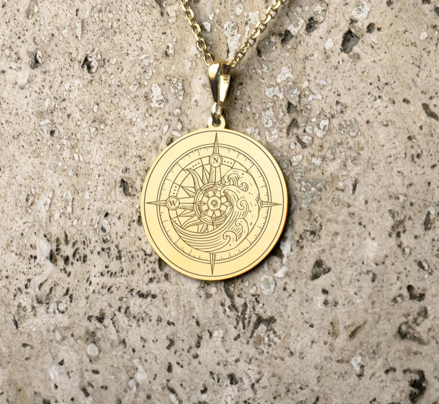 14k Solid Gold Compass Necklace: Engraved Medallion Pendant