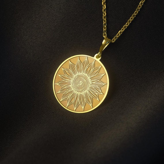 14Kソリッドゴールドひまわりペンダントネックレス：刻印可能な 