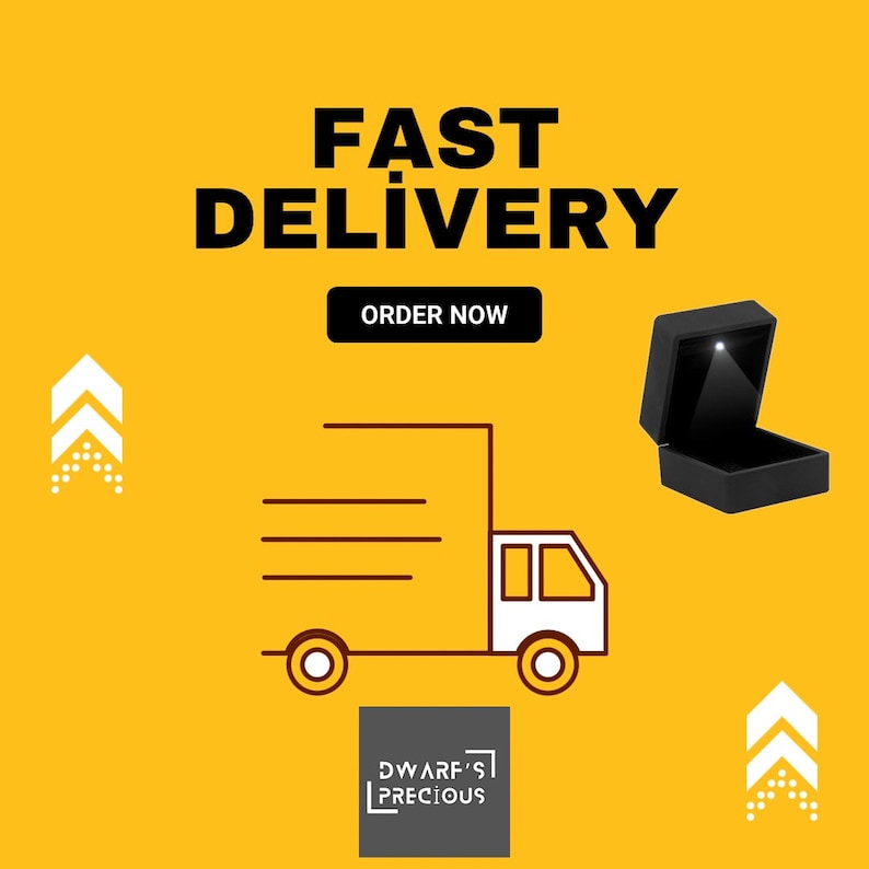 May include: A yellow background with the text "FAST DELIVERY" in black. Below the text is a button that says "ORDER NOW". There is a white delivery truck with brown lines and wheels. The truck is moving to the right. There is a black jewellery box with a white light inside. The box is open and the lid is facing up. There are two white arrows with black outlines pointing upwards. The text "DWARF'S PRECIOUS" is in a black square.