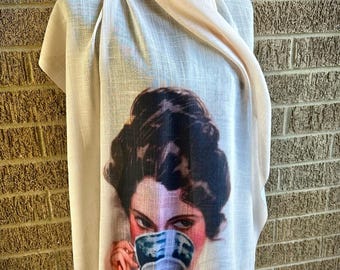 Victorian Lady with Tea on an Oversized Gauzy Scarf Shawl - Vintage Fashion Flair