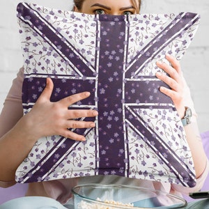 Union Jack Accent Throw Pillow - Putple Calico Floral - British Flag Cushion