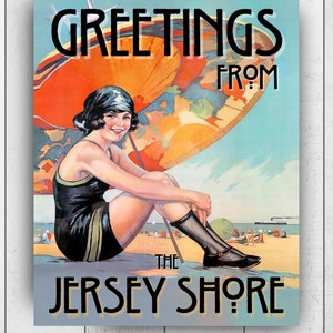 Greetings from The Jersey Shore Vintage Style Poster - Umbrella Girl on a New Jersey Beach