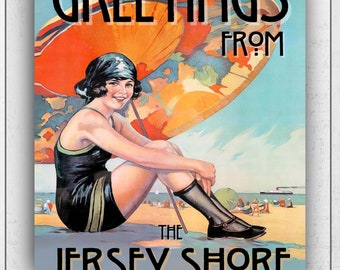 Greetings from The Jersey Shore Vintage Style Poster - Umbrella Girl on a New Jersey Beach