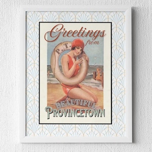 Provincetown Greetings Art Print - Vintage Style Decor Gift - Massachusetts Beach Wall Hanging Picture
