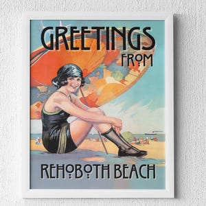 Greetings from Rehoboth Beach Poster - Vintage Style Delaware Girl Under an Umbrella at the Shore