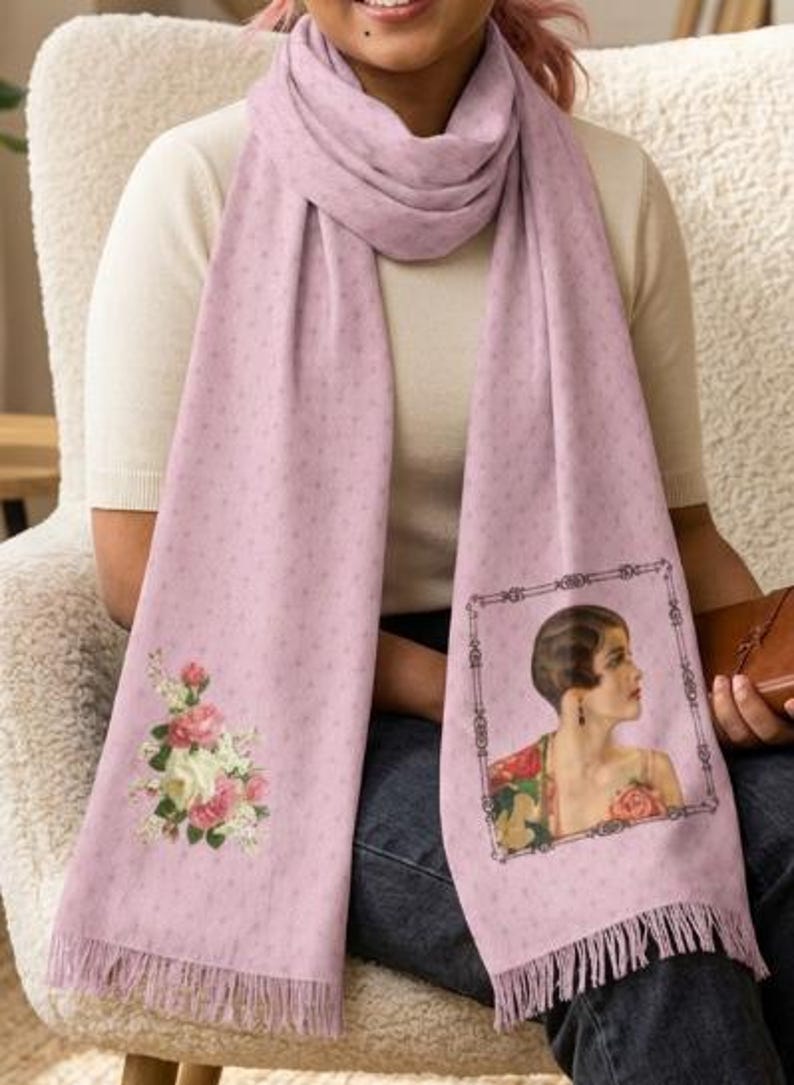Pink Art Deco Summer Wrap Scarf with 1920s Flapper Woman image 1