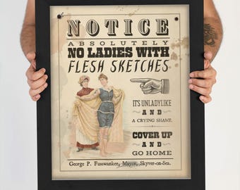 Póster de aviso de mujer tatuada victoriana en la costa inglesa, impresión artística vintage de una tienda de tatuajes