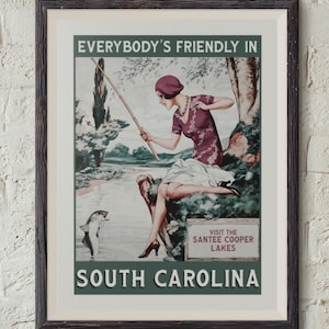 Santee Cooper Lakes South Carolina Art Print | Gift for South Carolina Native | Vintage Fishing Flapper Wall Art | Lake House Decor