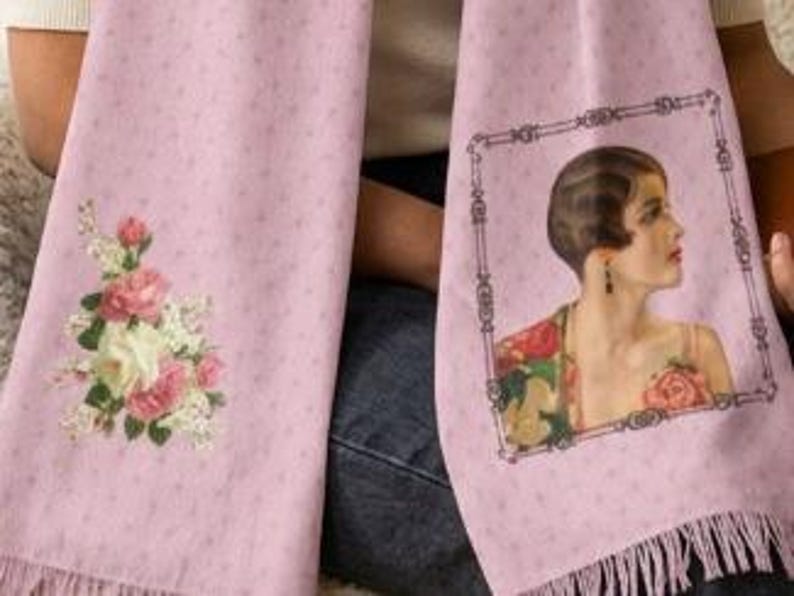 Pink Art Deco Summer Wrap Scarf with 1920s Flapper Woman image 2