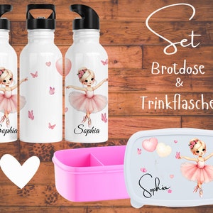Könnte beinhalten: Set aus drei weißen Wasserflaschen mit Ballerina-Motiv und dem Namen "Sophia" auf jeder Flasche. Das Set enthält außerdem eine rosa Brotdose mit Ballerina-Motiv und dem Namen "Sophia" darauf. Der Text "Set Brotdose & Trinkflasche" ist im Hintergrund sichtbar.