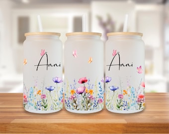 Personalisiertes Glas mit Bambusdeckel & Strohhalm | Geschenkidee für Frauen, Freundinnen, Mamas | Eiskaffee, Tee und Smoothie Glas