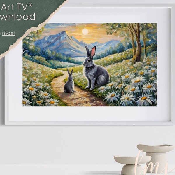 Adult & Baby Grey Rabbits Amid Daisy Fields, Acrylic Painting, Samsung Frame TV Art, Digital Download Frame TV Art, Widescreen Digital Art