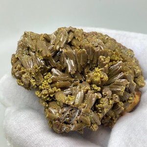 Puede incluir: Primer plano de un espécimen mineral que presenta un grupo de cristales marrones en forma de aguja. Los cristales están densamente empaquetados y tienen un brillo ligeramente iridiscente. Pequeñas formaciones esféricas de color amarillo verdoso se intercalan.